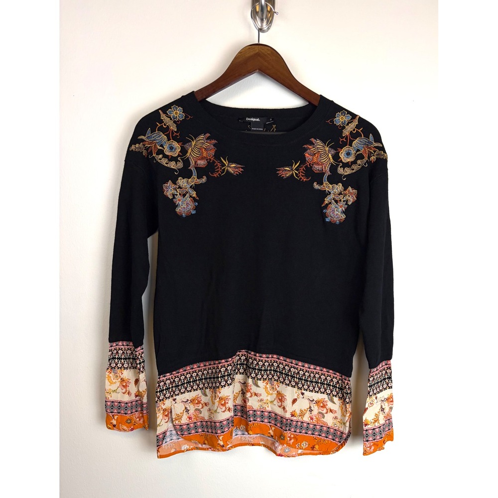 Desigual Sweater Jumper Small Black Floral Embroidered Mixed Media Boho Knit Top